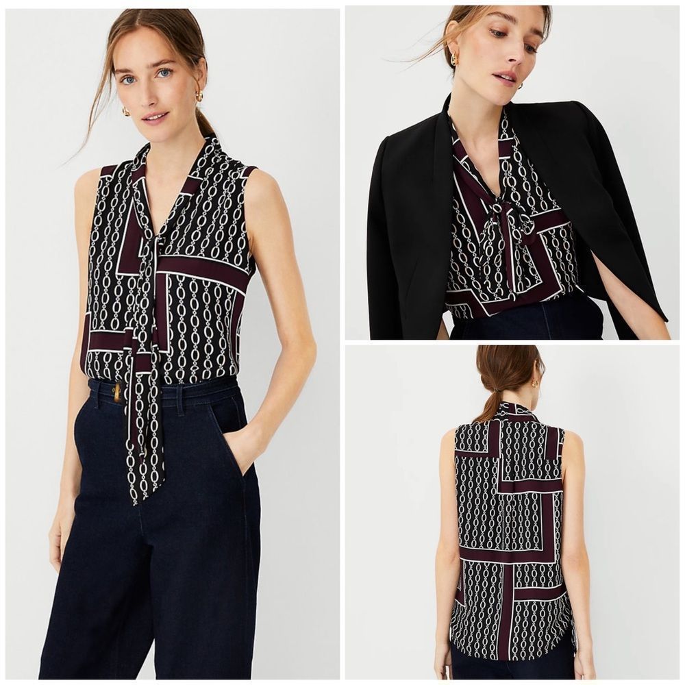 Ann Taylor XXSP Sleeveless Chain Print Bow Neck Shell